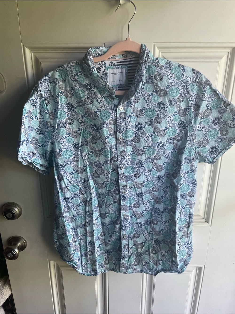 Denim & Flower Aqua and Gray Short Sleeve Button-Down Shirt
